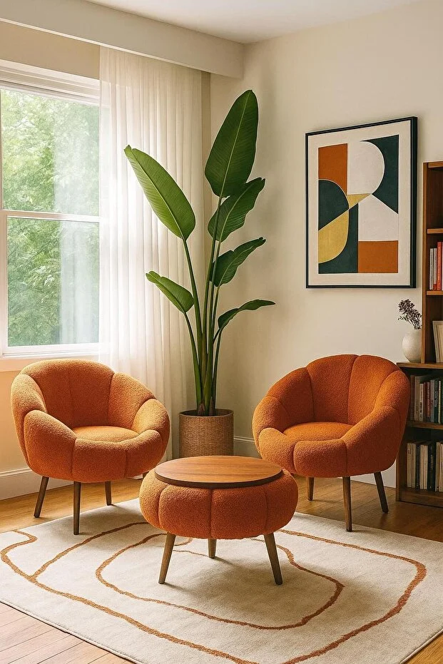 LİDA Turuncu Wellsoft İkili Berjer Seti ÖZEL SEHPALI